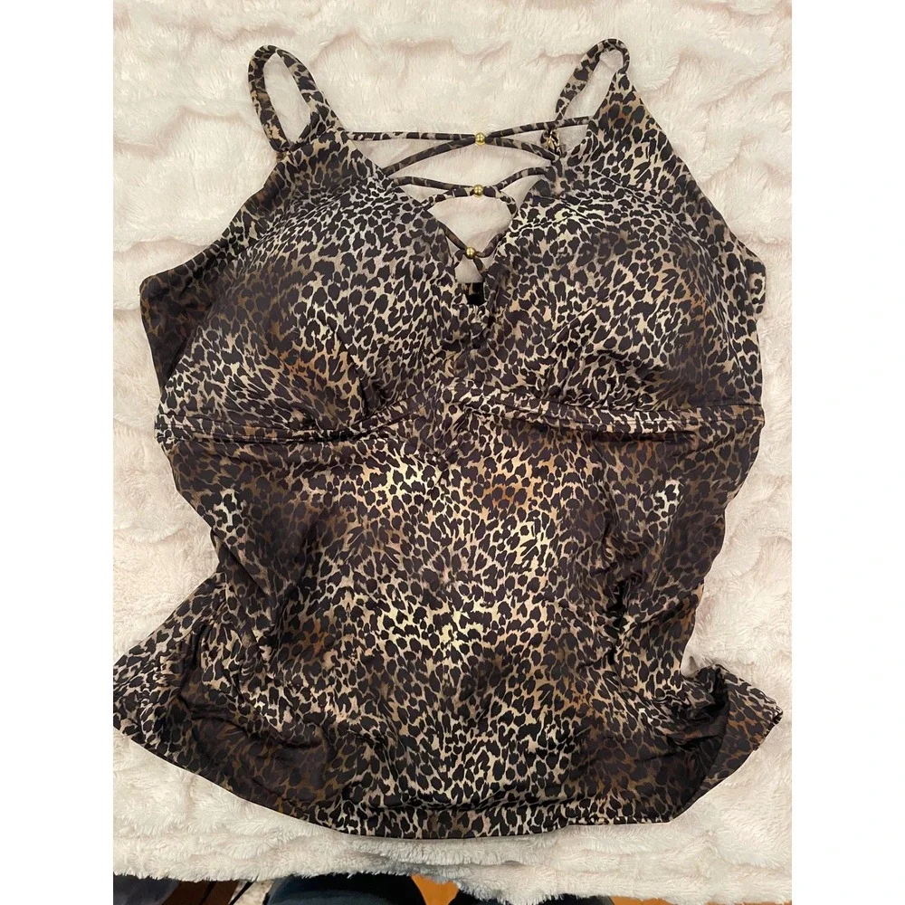 Swimsuits For All Womens Leopard Print Lace‎ Up Tankini Top Brown Black Ruched
